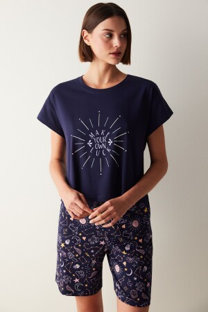 Marineblaues T-Shirt-Pyjama-Oberteil mit Sternzeichen-Motiv - 1