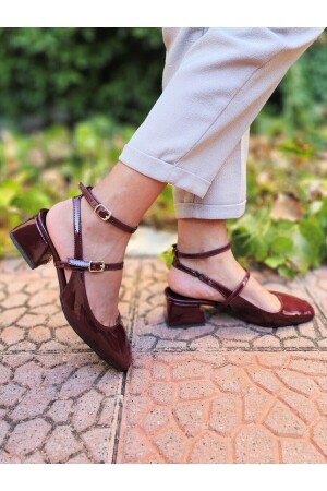 Mary Jane Bordo Rugan Vintage Kare Küt Burunlu Kalın Topuklu ayakkabı - 1