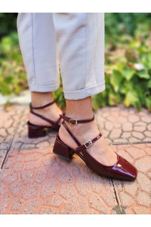 Mary Jane Bordo Rugan Vintage Kare Küt Burunlu Kalın Topuklu ayakkabı - 2