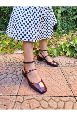 Mary Jane Bordo Rugan Vintage Kare Küt Burunlu Kalın Topuklu ayakkabı - 3
