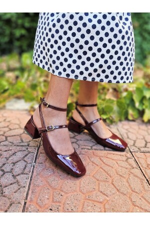 Mary Jane Bordo Rugan Vintage Kare Küt Burunlu Kalın Topuklu ayakkabı - 4