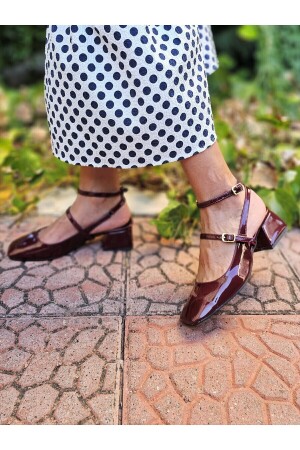 Mary Jane Bordo Rugan Vintage Kare Küt Burunlu Kalın Topuklu ayakkabı - 5