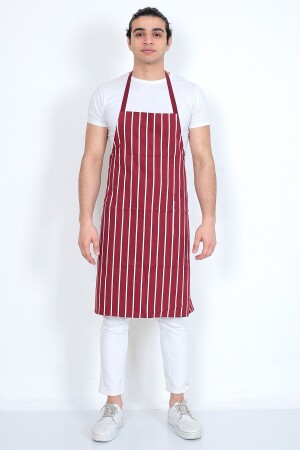 Masterchef Önlüğü Bordo Beyaz Çizgili Garson Aşçı Boydan Önlük Cepli Unisex Gabardin Kumaş - 2