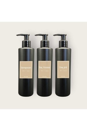 Matte Black Minimal - 3-teilige Shampoo- und Duschgel-Plastikflasche 250 ml - Plastikflaschen-Badezimmerset mit Pumpe plastickbs - 7