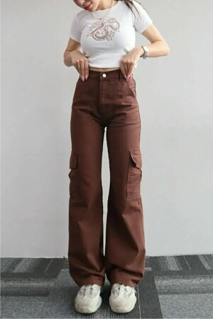 Maura Kahverengi Süper Yüksek Bel Kadın Likralı Arka Cepsiz Model Kargo Jeans - 1