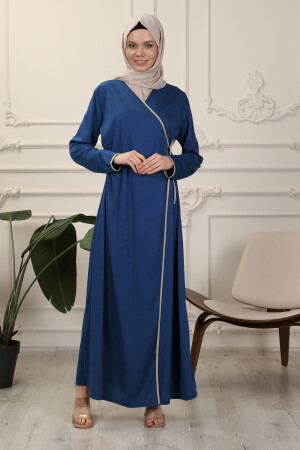 Mavi Kruvaze Yaka Biyeli Esnek İnterlok Kumaş Namaz Elbisesi - 1