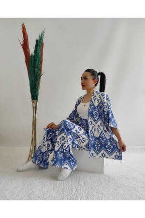 Mavi Renk Moda Desenli Ikili Kimono Takım ( Rahat Kalıp ) - 1