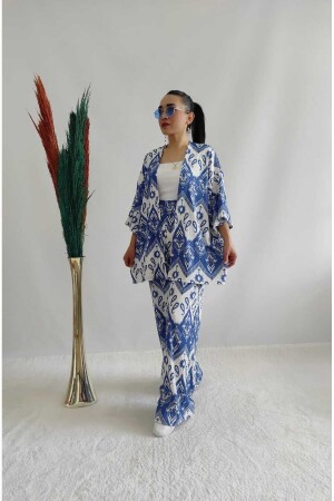 Mavi Renk Moda Desenli Ikili Kimono Takım ( Rahat Kalıp ) - 2