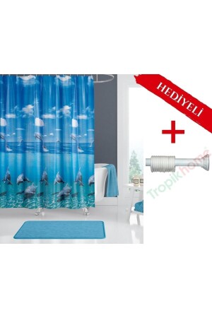 Mavi Yunus Desen Banyo Perdesi-mavi Renk Duş Perdesi Askı Hediyeli C-halkalı Polyester Banyo Perdesi - 1
