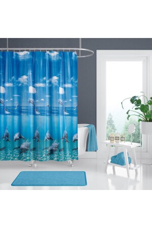 Mavi Yunus Desen Banyo Perdesi-mavi Renk Duş Perdesi Askı Hediyeli C-halkalı Polyester Banyo Perdesi - 2
