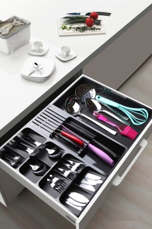 Maxi Ayarlanabilir Kayar Kızaklı Çekmece Içi Bıçaklık & Kaşıklık Antrasit - Nandy Home