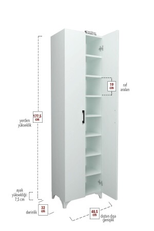 Mehrzweck-Küchenschrank mit 8 Einlegeböden und 2 Türen, Badezimmerschrank, Mehrzweckschrank, Weiß. 8Korb2Abdeckung - 9