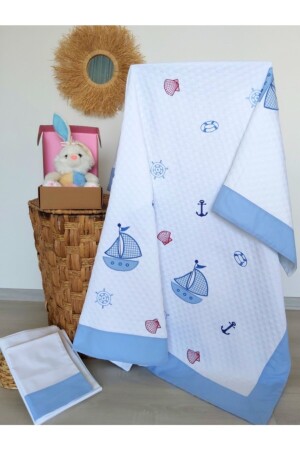 Mellow Baby Store Baby-Piqué-Set aus Baumwollblau mit Segelmuster und dicken Paspeln YEM201 - 3