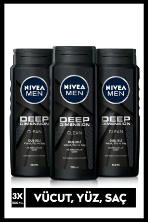 MEN Erkek Duş Jeli Deep Dimension 500 ml x3 Adet, Vücut,Yüz ve Saç için Temizleme ve Bakım SET.NVE.383 - 2