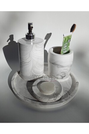 Mermer Desenli Banyo Seti & Tepsi- Sıvı Sabunluk- Katı Sabunluk- Diş Fırçalık - 5