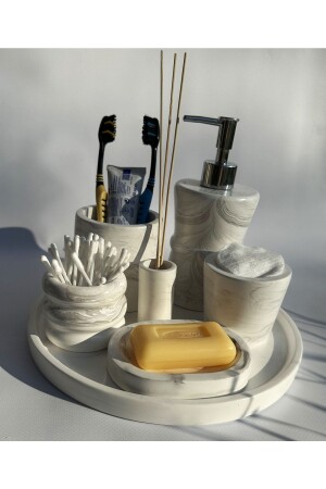 Mermer Desenli Çoklu Banyo Seti Sıvı Sabunluk,kulak Çubukluk,diş Fırçalık,pamukluk,katı Sabunluk BS018 - MRY DEKOR
