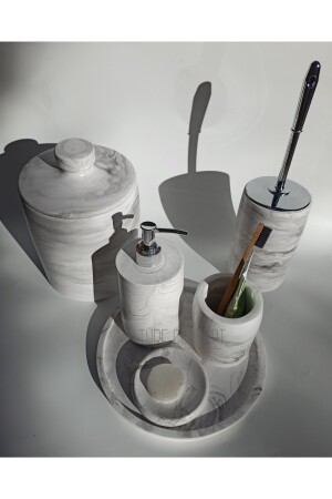 Mermer Görünümlü Banyo Seti & Çöp Kovası & Wc Fırça & Sabunluk & Fırcalık Set Tr11400 - 2