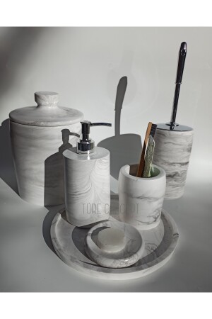 Mermer Görünümlü Banyo Seti & Çöp Kovası & Wc Fırça & Sabunluk & Fırcalık Set Tr11400 - 3