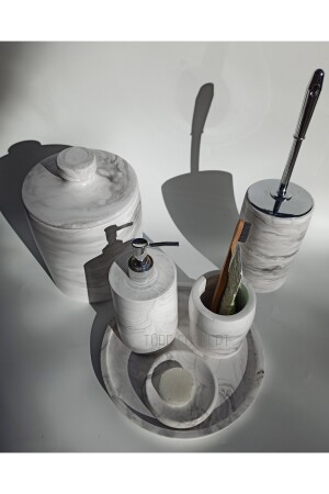 Mermer Görünümlü Banyo Seti & Çöp Kovası & Wc Fırça & Sabunluk & Fırcalık Set Tr11400 - 4