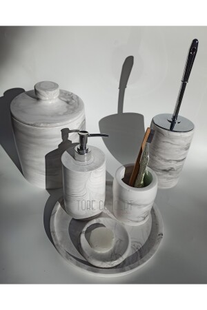 Mermer Görünümlü Banyo Seti & Çöp Kovası & Wc Fırça & Sabunluk & Fırcalık Set Tr11400 - 5