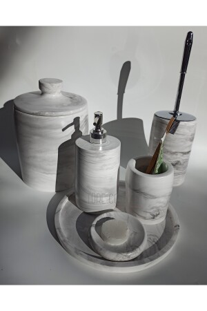 Mermer Görünümlü Banyo Seti & Çöp Kovası & Wc Fırça & Sabunluk & Fırcalık Set Tr11400 - 6