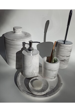 Mermer Görünümlü Banyo Seti & Çöp Kovası & Wc Fırça & Sabunluk & Fırcalık Set Tr11400 - 7