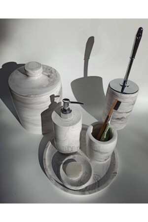 Mermer Görünümlü Banyo Seti & Çöp Kovası & Wc Fırça & Sabunluk & Fırcalık Set Tr11400 - 1