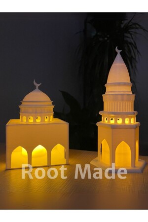 Mescit ve Minare Şeklinde Tealight Mum Aydınlatmalı İslami Dekoratif Obje - Huni