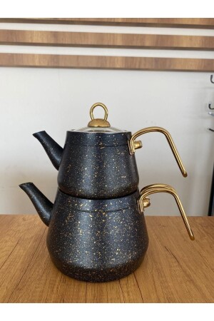 Granit-Teekanne mit goldfarbenem Metallgriff und Glasdeckel KSMÇY52 - Genel Markalar