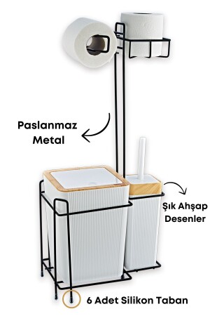 Metal Standlı Ahşap Desenli Wc Kağıtlık 6 Parça Lüx Banyo Seti Beyaz 3 Adet Duş Lifi Hediye - 5