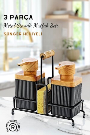 Metal Standlı Ahşap Detaylı Bulaşık Deterjanı ve Sıvı Sabunluk Mutfak Seti-Sünger Hediyeli GM00397 - 1