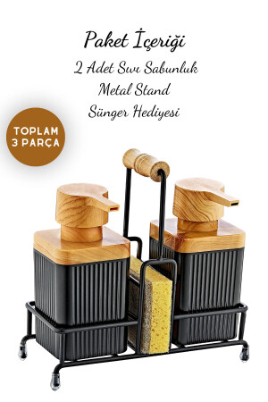 Metal Standlı Ahşap Detaylı Bulaşık Deterjanı ve Sıvı Sabunluk Mutfak Seti-Sünger Hediyeli GM00397 - 3