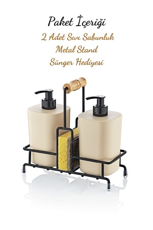 Metal Standlı Krem Begonya Çamaşır Suyu ve Sıvı Sabunluk Banyo Seti-Sünger Hediyeli - 2