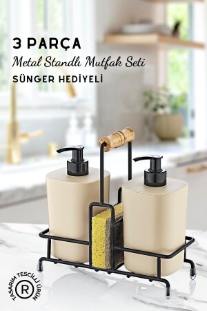 Metal Standlı Krem Begonya Çamaşır Suyu ve Sıvı Sabunluk Banyo Seti-Sünger Hediyeli - Grimor Life