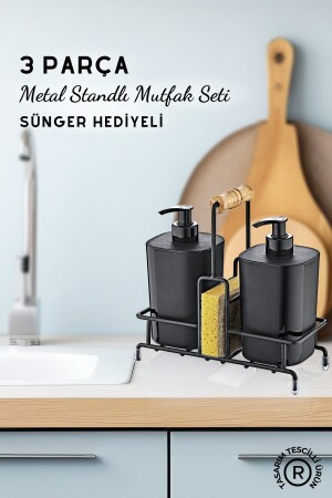 Metal Standlı Siyah Begonya Bulaşık Deterjanı ve Sıvı Sabunluk Mutfak Seti-Sünger Hediyeli - 1
