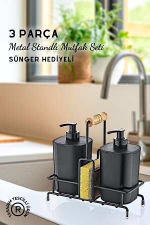 Metal Standlı Siyah Begonya Bulaşık Deterjanı ve Sıvı Sabunluk Mutfak Seti-Sünger Hediyeli - 2