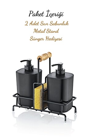 Metal Standlı Siyah Begonya Bulaşık Deterjanı ve Sıvı Sabunluk Mutfak Seti-Sünger Hediyeli - 3