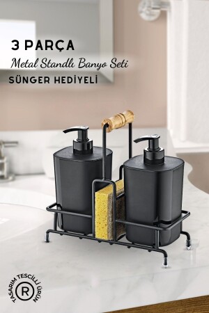 Metal Standlı Siyah Begonya Çamaşır Suyu ve Sıvı Sabunluk Banyo Seti-Sünger Hediyeli - 1