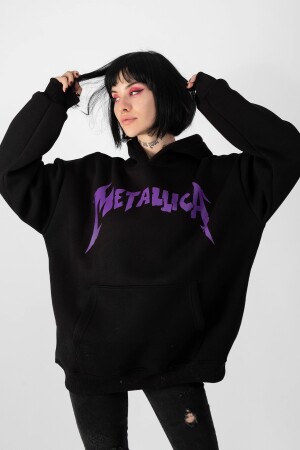 Metallica Mor Sırt Baskılı Siyah Oversize Kapüşonlu Sweatshirt 816E0943 - 6