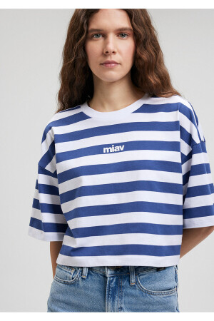 Miav bedrucktes, gestreiftes weißes T-Shirt mit kurzem Schnitt / kurzem Schnitt 1612456-87201 - Mavi