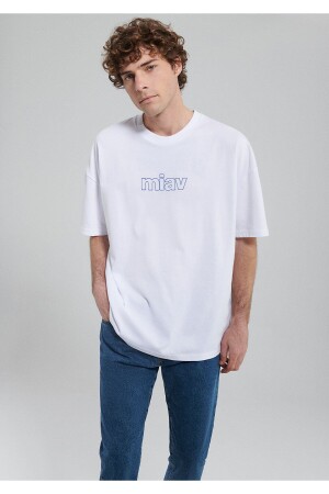 Miav bedrucktes weißes Oversize-T-Shirt in Übergröße / weiter Schnitt 0611704-620 - 1