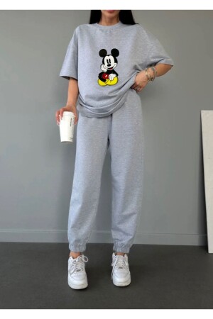 Mickey Mouse T-shirt Eşofman Altı Jogger - Gri Baskı Alt Üst Eşofman Takımı Oversize Bisiklet Yaka - 1