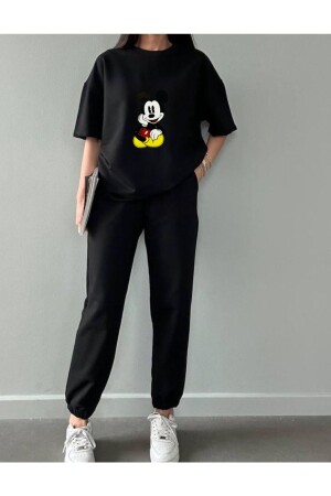 Mickey Mouse T-shirt Eşofman Altı Jogger Siyah Baskı Alt Üst Eşofman Takımı Oversize Bisiklet Yaka - 1