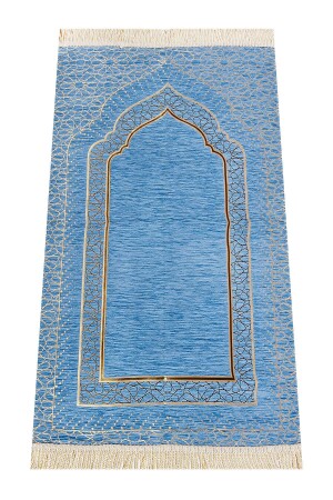 Mihrab gemusterter, gefütterter Chenille-Gebetsteppich – Blau - 3