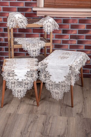 Mihrimah Cremefarbenes 5-teiliges Samt-Wohnzimmer-Set, Spitzen-Tischdeckenläufer-Set TYC00195528092 - 1