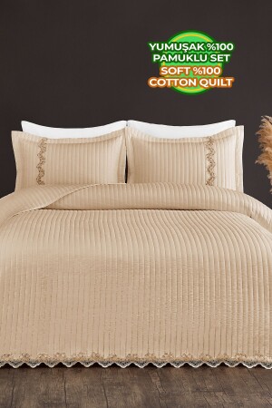 MNZ-Mihrimah Lace King Double Size 100% قطن غطاء السرير (Pique) مجموعة غسيل القفص / البيج - Evlen Home Collection