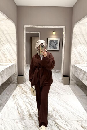 Milan Keten Kimono Takım - Koyu Kahve - Duendeca