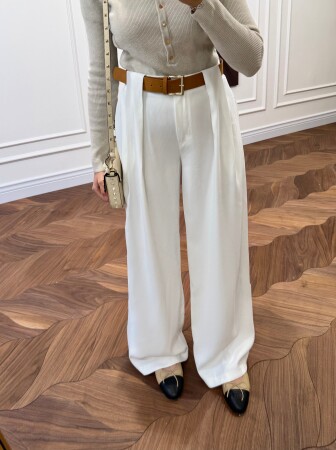 Milano Pileli Kemerli Pantolon - Beyaz - Nuuwears