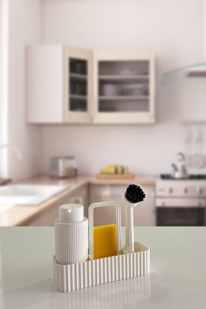 Milena White Brush Kitchen Set Flüssigseifenschale, Bürstenhalter, Schwammhalter und Kleiderbügel - Biltaş Plastik