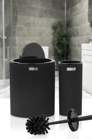 Mina schwarz gestreifter runder WC-Eimer und Bürsten-Set, 2 Stück, OKY-432 - 4